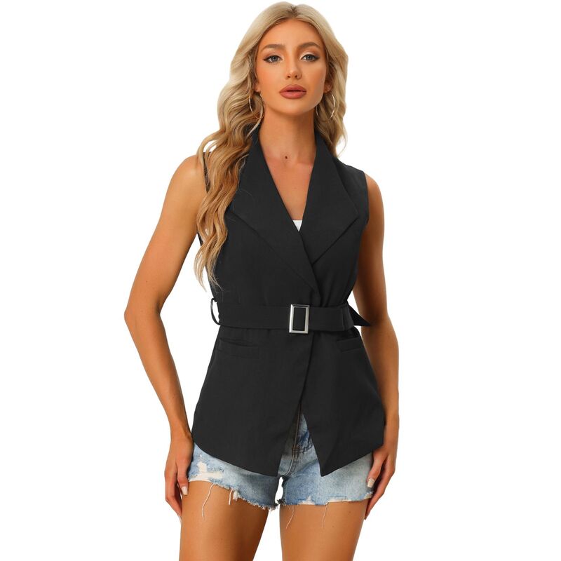 アレグラ ケー レディース アウター 上衣・上衣 限りない ノースリーブなめし革 ALLEGRA K Women\u0027shawl Collar Open Front Belted Sleeveless Blazer Vest Black 黒いこと