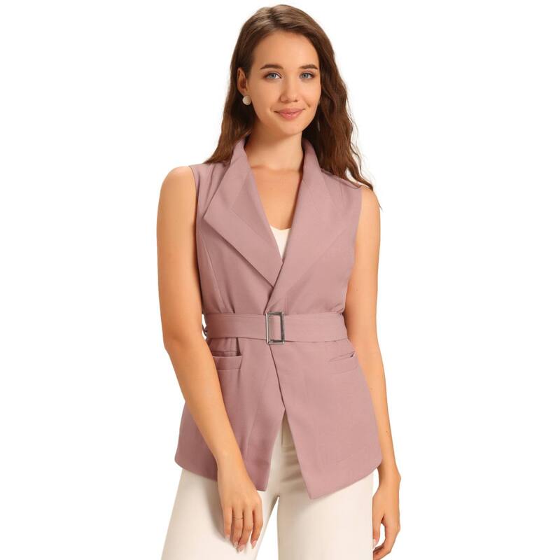 アレグラ ケー レディース アウター 上衣・上衣 限りない ノースリーブなめし革 ALLEGRA K Women\u0027shawl Collar Open Front Belted Sleeveless Blazer Vest Pink サクラ色