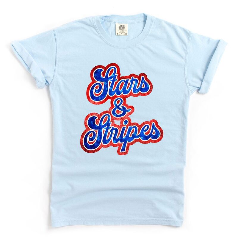 Simply Sage Market レディース トップス ティーシャツ Simply Sage Market Stars And Stripes Cursive Garment Dyed Tees Chambray 縞模様 Tシャツ・カットソー-レディースファッション-トップス