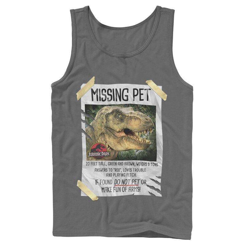 アニメキャラクター レディース トップス Tシャツ Licensed Character Men's Jurassic Park Missing Pet-Rex Poster Taped Tank Top Charcoal チャコール