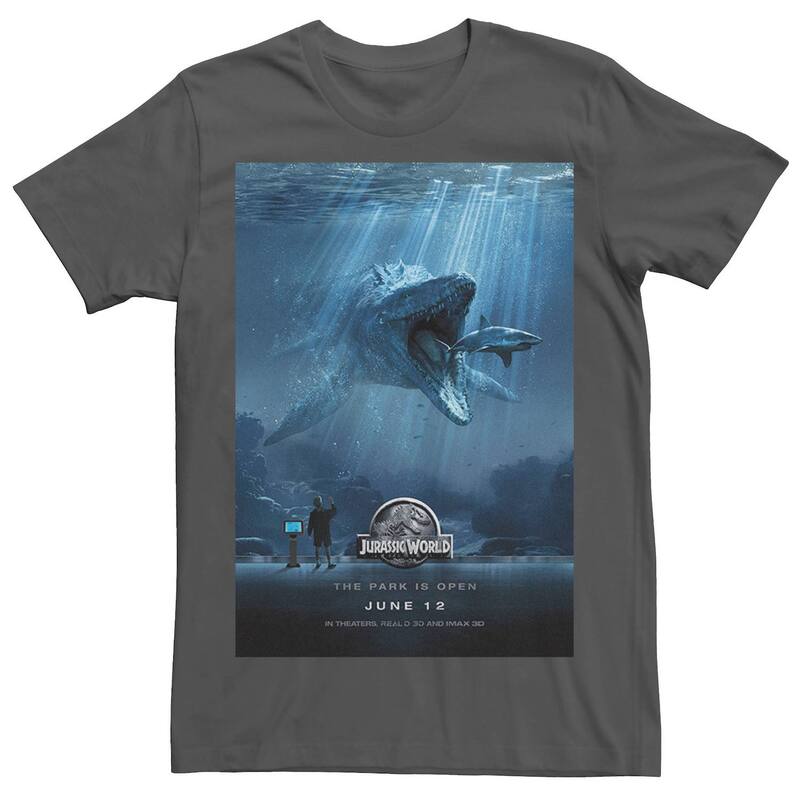 アニメキャラクター レディース トップス Tシャツ Licensed Character Men's Jurassic World Mosasaurus Movie Poster Tee Charcoal チャコール