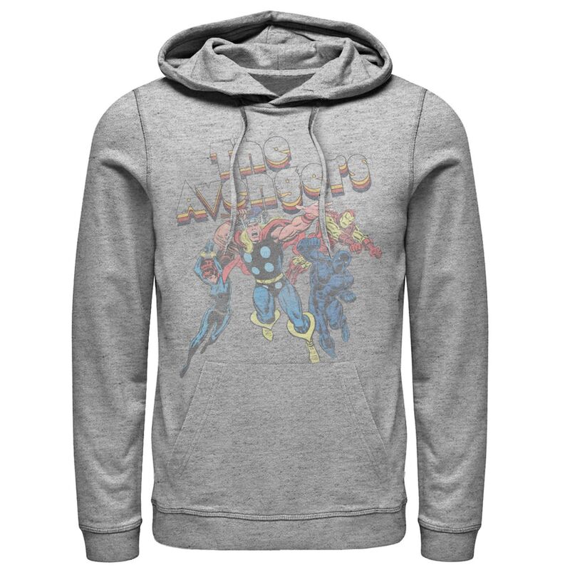 アニメキャラクター レディース トップス Tシャツ パーカー Licensed Character Men's Marvel The Avengers Retro Style Group Shot Hoodie Athletic Heather ヘザー