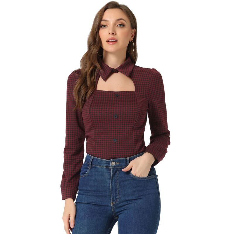 アレグラ ケー レディース トップス シャツ プリント ブラウス ALLEGRA K Women Houndstooth Print Choker Neck Puffy Long Sleevelegant Casual Blouse Top Dark Red レッド