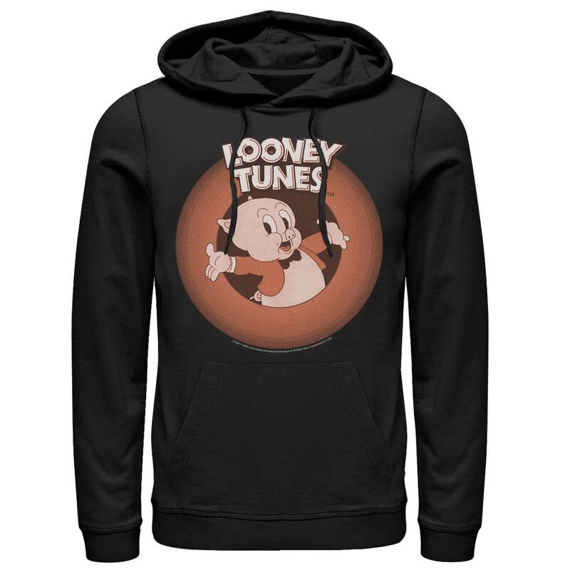 アニメキャラクター レディース トップス Tシャツ パーカー Licensed Character Men's Looney Tunes Porky Pig Classicircle Portrait Hoodie Black ブラック