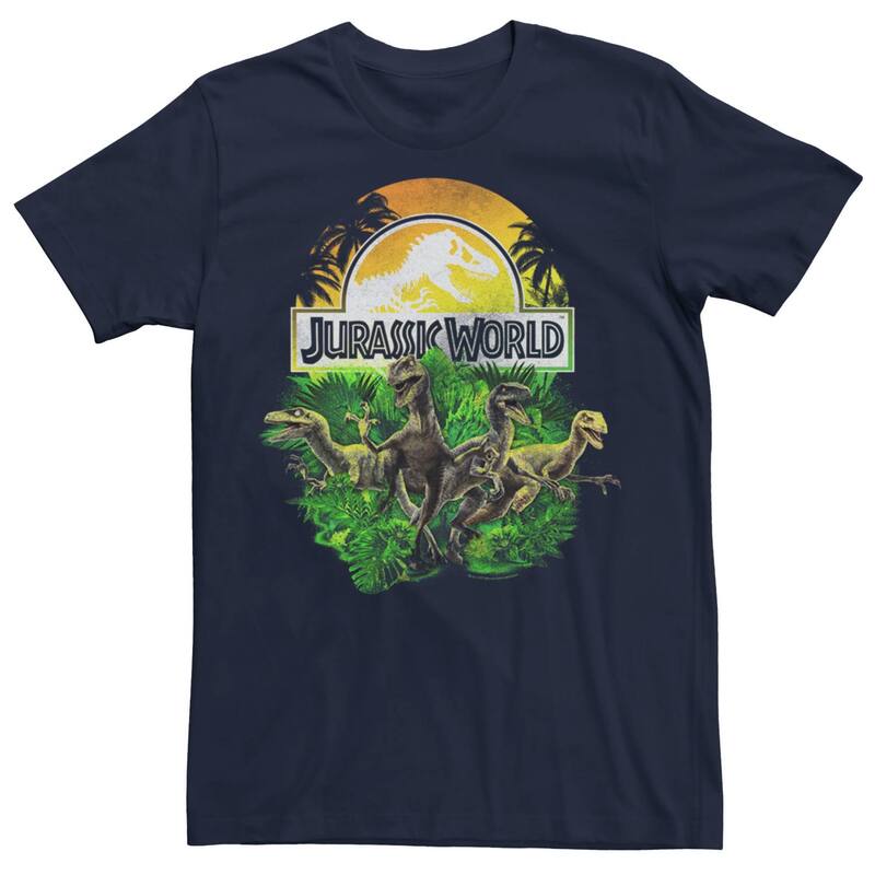 アニメキャラクター レディース トップス Tシャツ ロゴ Licensed Character Men's Jurassic Park Distressed Raptor Group Shot Logo Tee Navy ネイビー