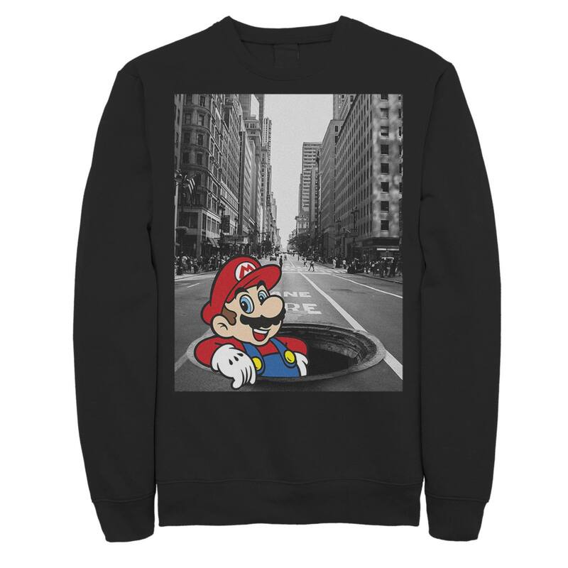 アニメキャラクター レディース トップス Tシャツ スウェット Licensed Character Men's Nintendo Super Mario Street Pop Up Black And White Photo Sweatshirt Black ブラック