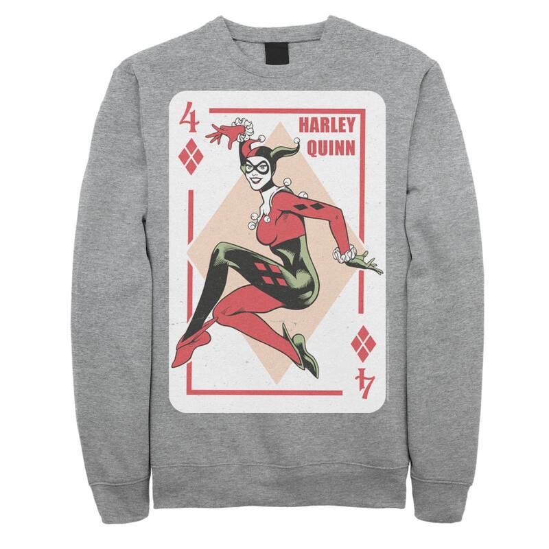 アニメキャラクター レディース トップス Tシャツ スウェット Licensed Character Men's DComics Harley Quinn Playing Card Sweatshirt Athletic Heather ヘザー