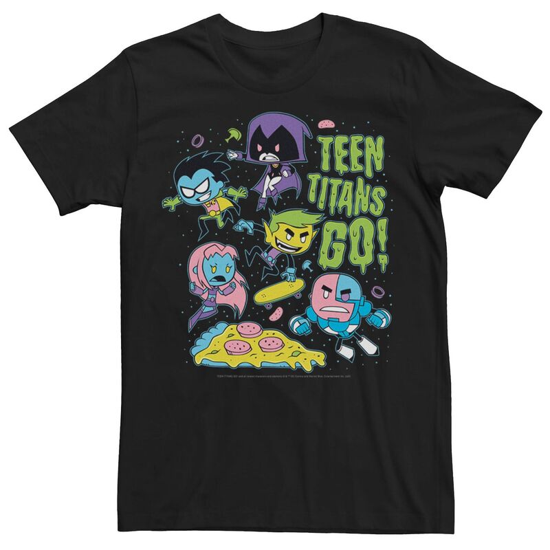 アニメキャラクター レディース トップス Tシャツ Licensed Character Men's DComics Teen Titans Go! Group Shot Neon Portraitee Black ブラック