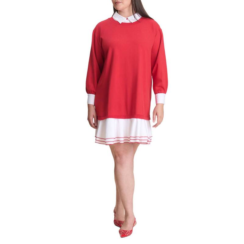 エロクイ レディース トップス ワンピース プラスサイズ ミニ シャツ ELOQUII Women's Plusize Twofer Mini Shirt Dressavvy Red Bright White ホワイト