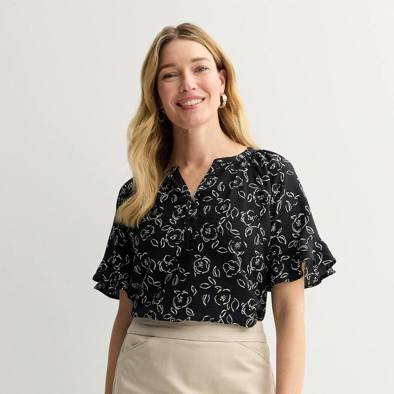 クロフト＆バロー レディース トップス シャツ 半袖 ブラウス Women's Croft & Barrow Short-Sleeve Notchneck Blouse Black Doodle Floral ブラック
