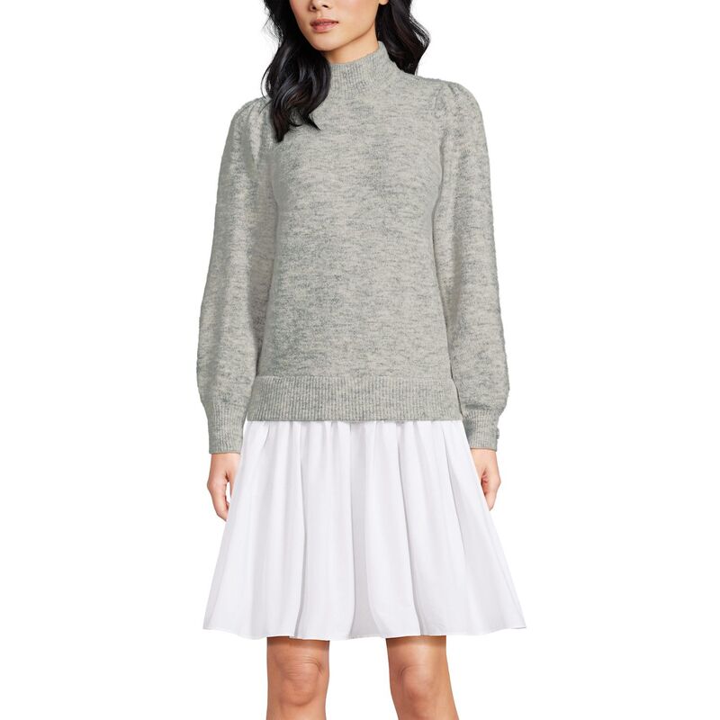 ランズエンド レディース トップス ワンピース モックネック ミニ Women's Lands' End Fuzzy Lantern Sleeve Mock Neck Mini Twofer Dress Gray Marble Heather グレー