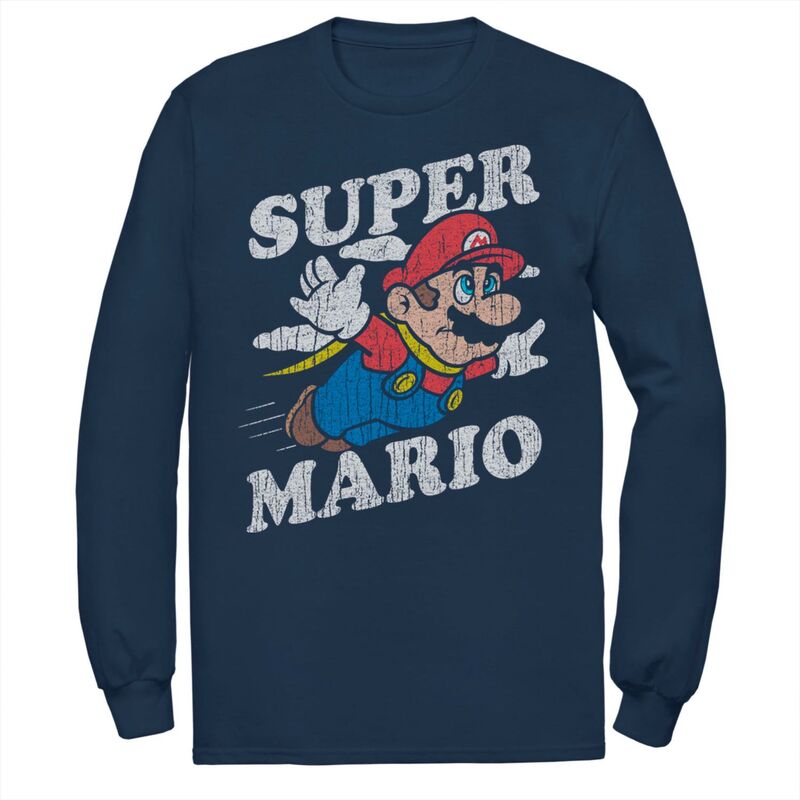 アニメキャラクター レディース トップス Tシャツ トール Licensed Character Big & Tall Super Mario Retro Distressed lying Portrait Long Sleeve Tee Navy ネイビー