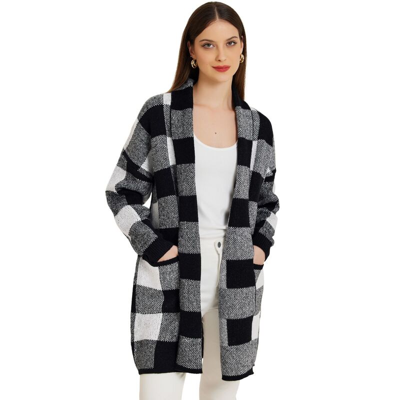 アレグラ ケー レディース アウター ニット・セーター カーディガン ALLEGRA K Women's Winter Plaid Cardigan Long Sleeve Open Front Outwear Casual Sweater Cardigan Black ブラック