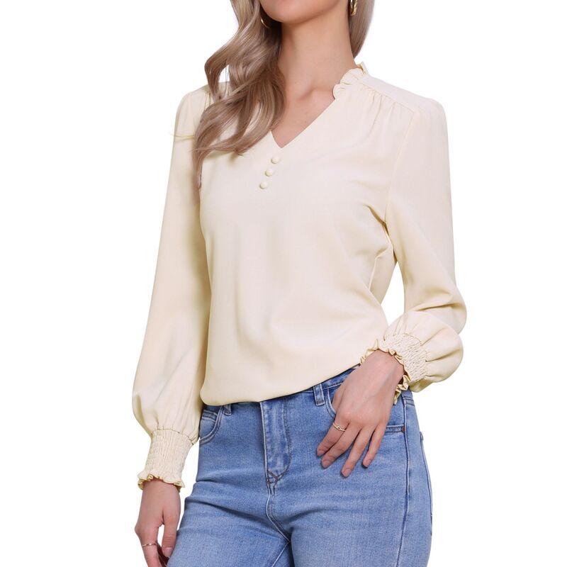 アレグラ ケー レディース トップス シャツ Vネック ヴィンテージ フリル ブラウス ALLEGRA K Dressy Casual Blouse for Women's Vintage Ruffle V Neck Puffy Long Sleeve Shirtop Apricot アプリコット