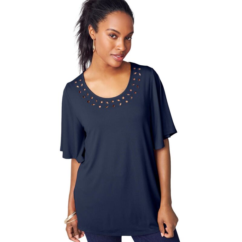ジェシカロンドン レディース トップス Tシャツ カットアウト プラスサイズ Jessica London Women's Plusize Cutout Flutter Sleeve Tunic Navy ネイビー｜ReVida 店
