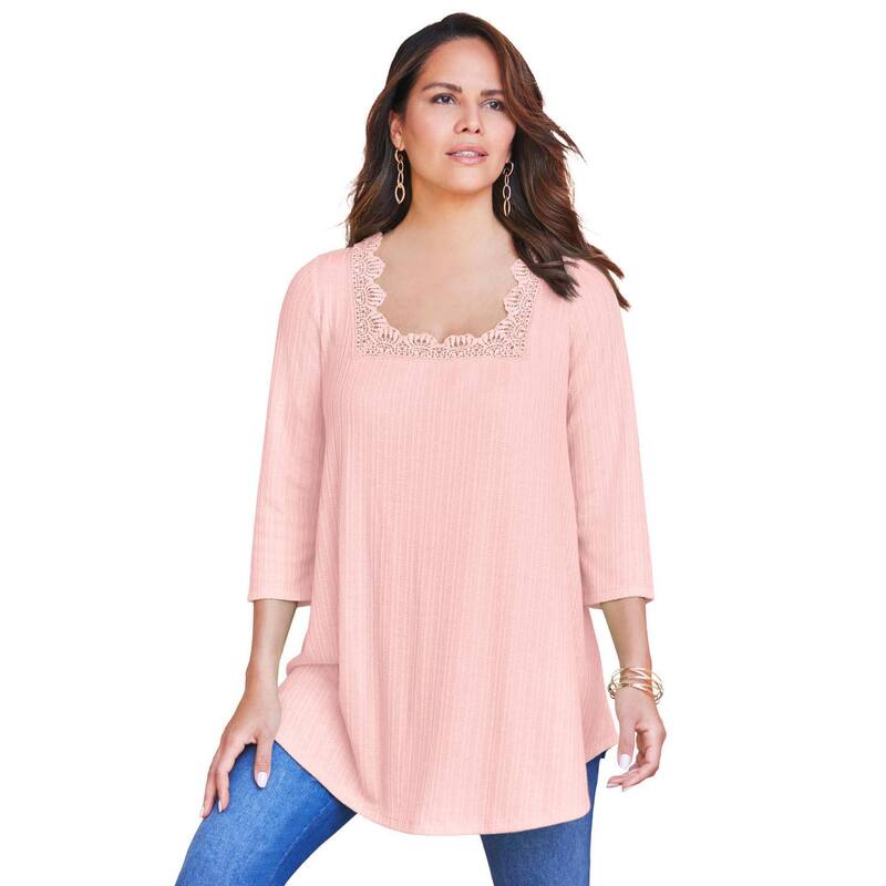 ロアマンズ レディース トップス Tシャツ プラスサイズ Roaman Women Plusize Squareneck Pointelle Top Soft Blush ブラッシュ