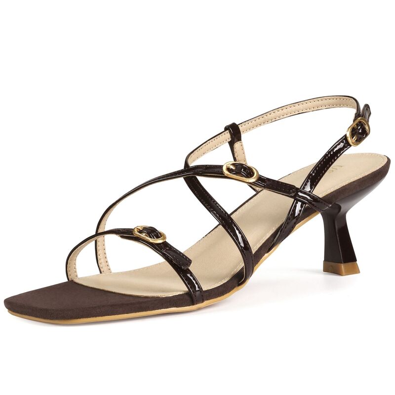 アレグラ ケー レディース シューズ パンプス サンダル ヒール ALLEGRA K Women's Mental Buckle Strappy Heels Kitten Heel Sandals Chocolate チョコレート