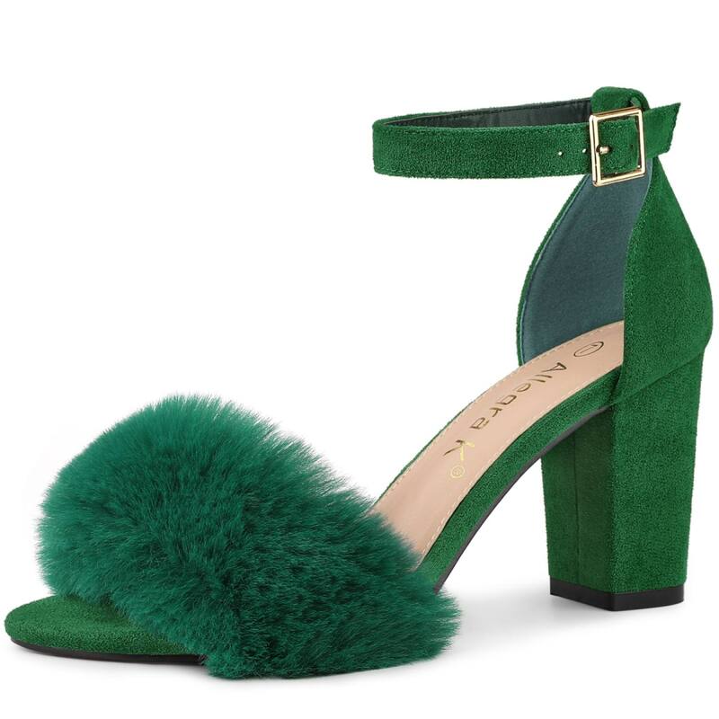 アレグラ ケー レディース シューズ パンプス サンダル アンクル ヒール ALLEGRA K Women's Faux Fur Ankle Strap Block Heelsandals Green グリーン