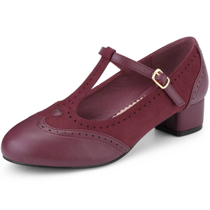 アレグラ ケー レディース シューズ パンプス アンクル ヒール ALLEGRA K T-Strap Mary Janes for Women Ankle Strap Block Heels Pumps Burgundy バーガンディ