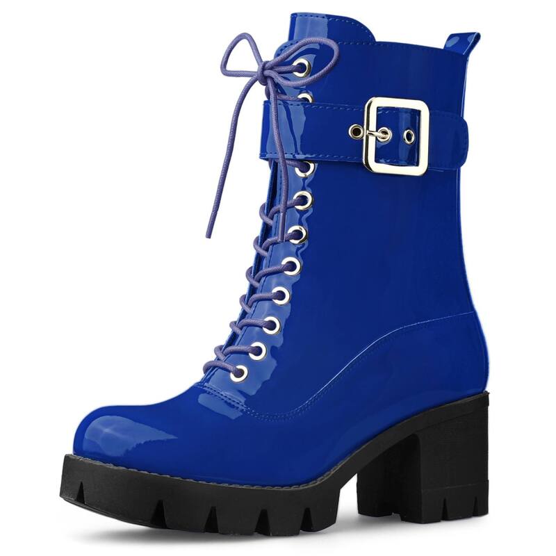 アレグラ ケー レディース シューズ ブーツ・レインブーツ プラットフォーム ヒール ALLEGRA K Women's Ziplatform Chunky Heel Combat Boots Blue ブルー