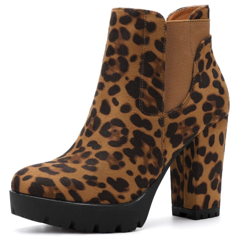 アレグラ ケー レディース シューズ ブーツ・レインブーツ プラットフォーム アンクル ヒール ALLEGRA K Women's Chunky Higheel Platform Ankle Boots Leopard アニマル