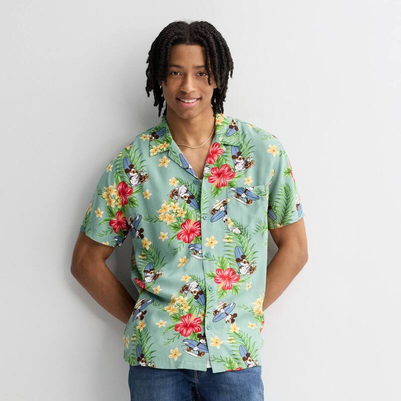 アニメキャラクター レディース トップス Tシャツ ダウン グラフィック Licensed Character Men's Disney's Mickey Mouse Tropical Graphic Short Sleeve Button-Down Shirt Sage Green グリーン 7,685円