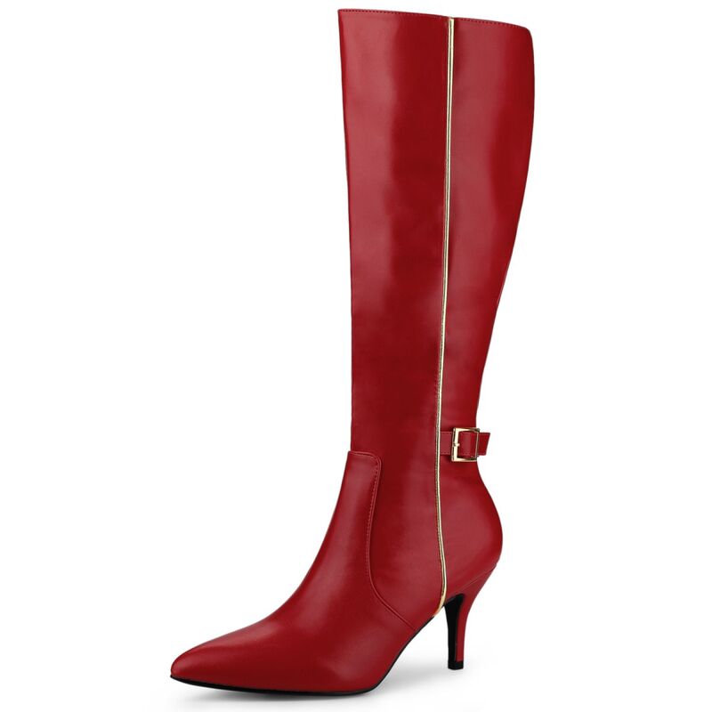 【送料無料】 アレグラ ケー レディース ブーツ・レインブーツ シューズ Women's Pointy Toe Buckle Stiletto Heel Knee High Boots Red 18,235円