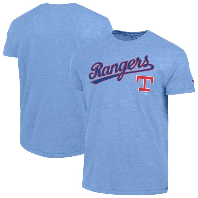 はやりっ児 レディース トップス プルオーバー Men\u0027s Champion Light Blue Texas Rangers Cooperstown Wordmark Lockup Tri-Blend T-Shirt Rgr Light 青色