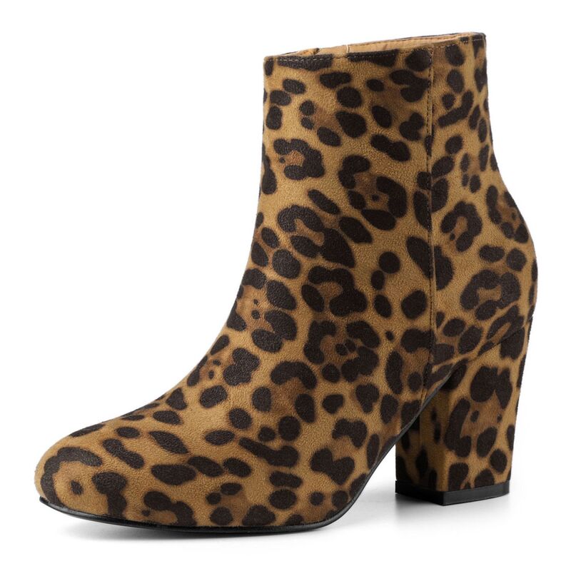 アレグラ ケー レディース シューズ ブーツ・レインブーツ アンクル ヒール ALLEGRA K Women's Round Toe Side Zip Chunky Heel Ankle Boots Leopard アニマル