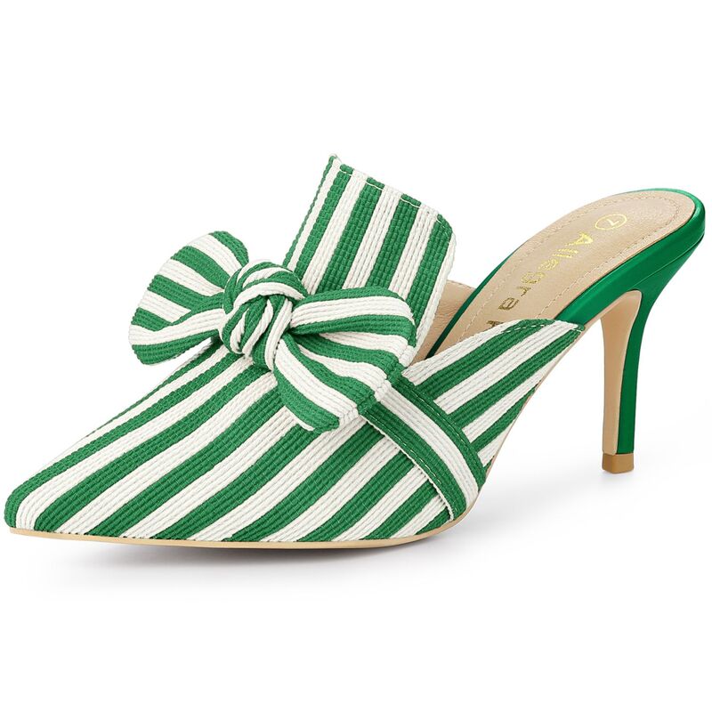 アレグラ ケー レディース シューズ サンダル ヒール ALLEGRA K Women'stripe Bow Slip on Stiletto Heel Slides Mules Green グリーン|ReVida 店