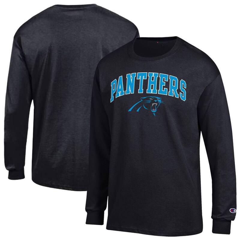 はやりっ子 レディース トップス ティーシャツ ロゴタイプ Men\u0027s Champion Black Carolina Panthers Arch Over Logo Long Sleeve T-Shirt Pth Black 黒いこと Tシャツ・カットソー-トップス