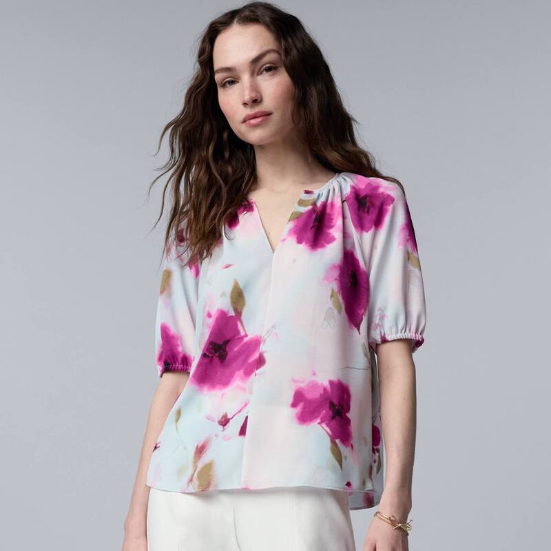 ヴェラウォン レディース トップス プルオーバー トップ Women\u0027simply Vera Wang Shirred Blouse Bl Purple Floral パープル