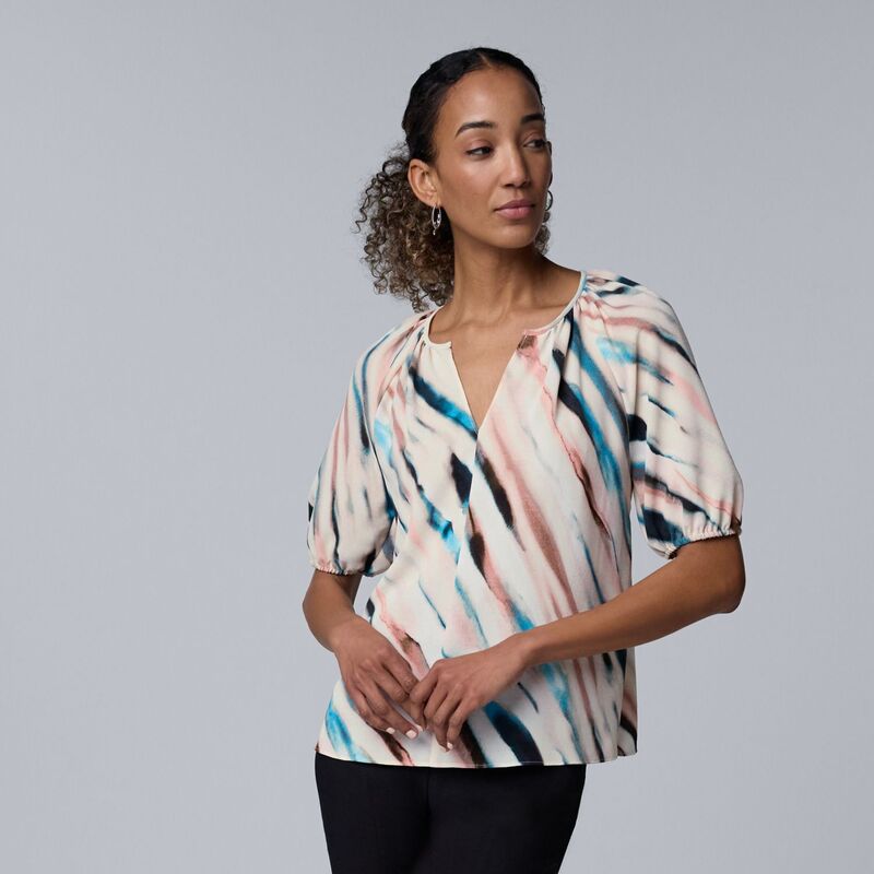 ヴェラウォン レディース トップス プルオーバー トップ Women\u0027simply Vera Wang Shirred Blouse Blue Pink Dye 青み