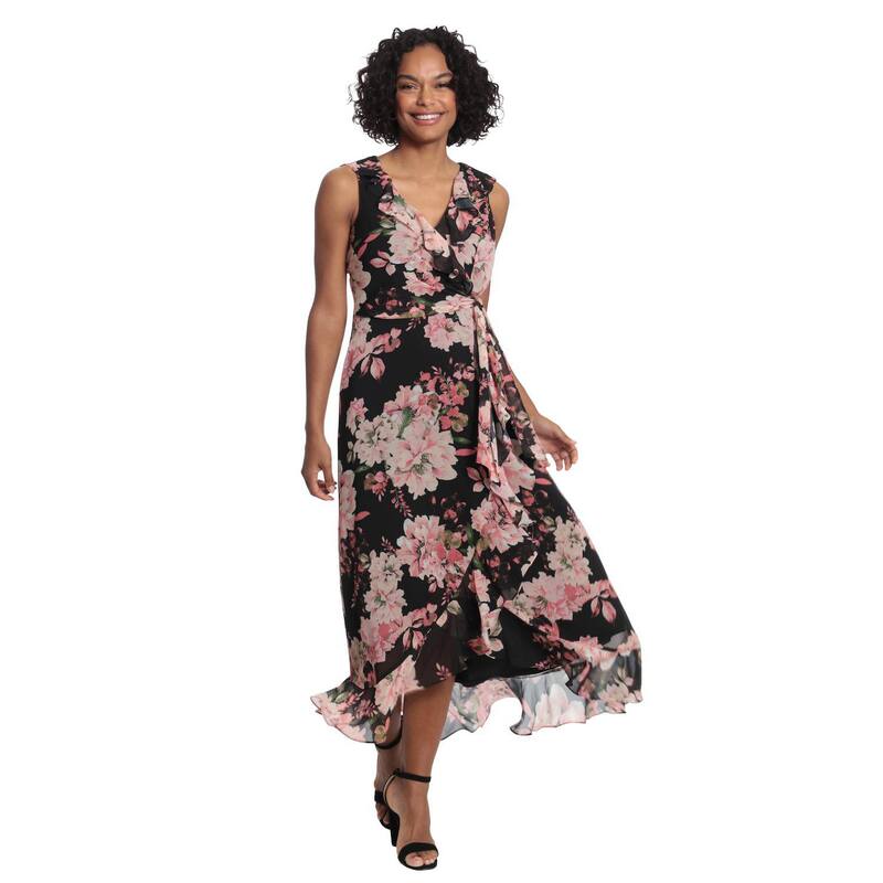 ロンドンタイムス レディース トップス ワンピース シフォン フリル マキシ Women's London Times Ruffled Chiffon Maxi Dress Black ブラック|ReVida 店