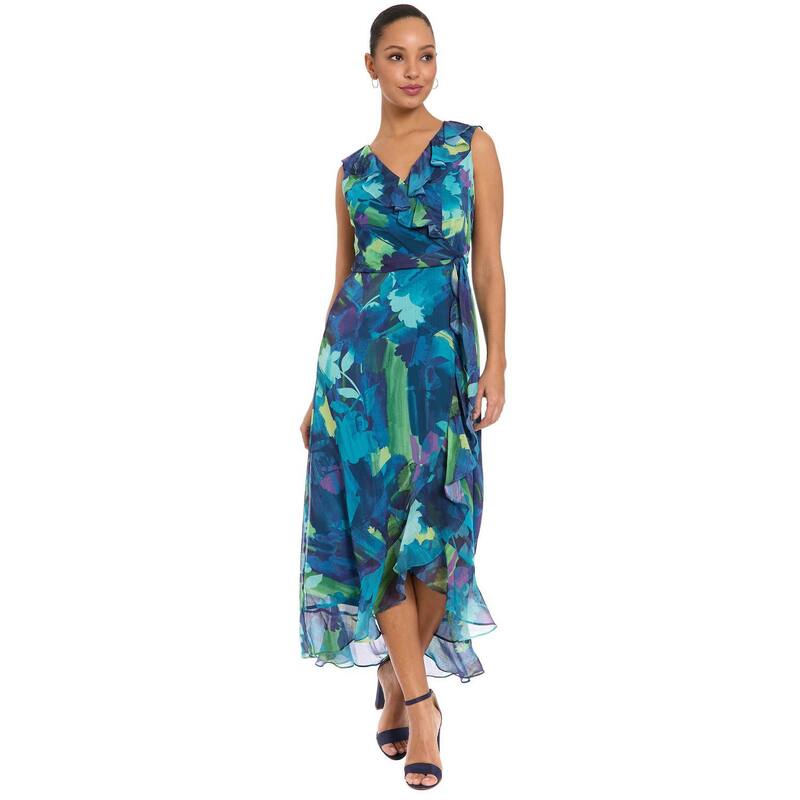 ロンドンタイムス レディース トップス ワンピース シフォン フリル マキシ Women's London Times Ruffled Chiffon Maxi Dress Blue Teal ブルー