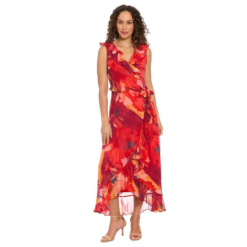 ロンドンタイムス レディース トップス ワンピース シフォン フリル マキシ Women's London Times Ruffled Chiffon Maxi Dress Flame Berry