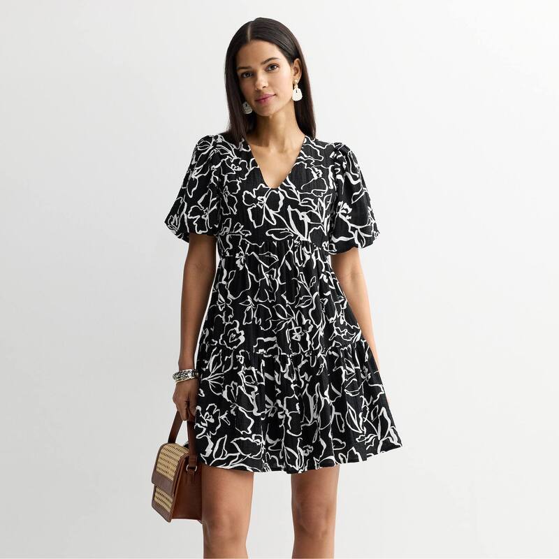 ナインウェスト レディース トップス 衣装 プチ Petite Nine West Bubble Sleeve Babydoll Dress Black Josefina Floral 黒いこと