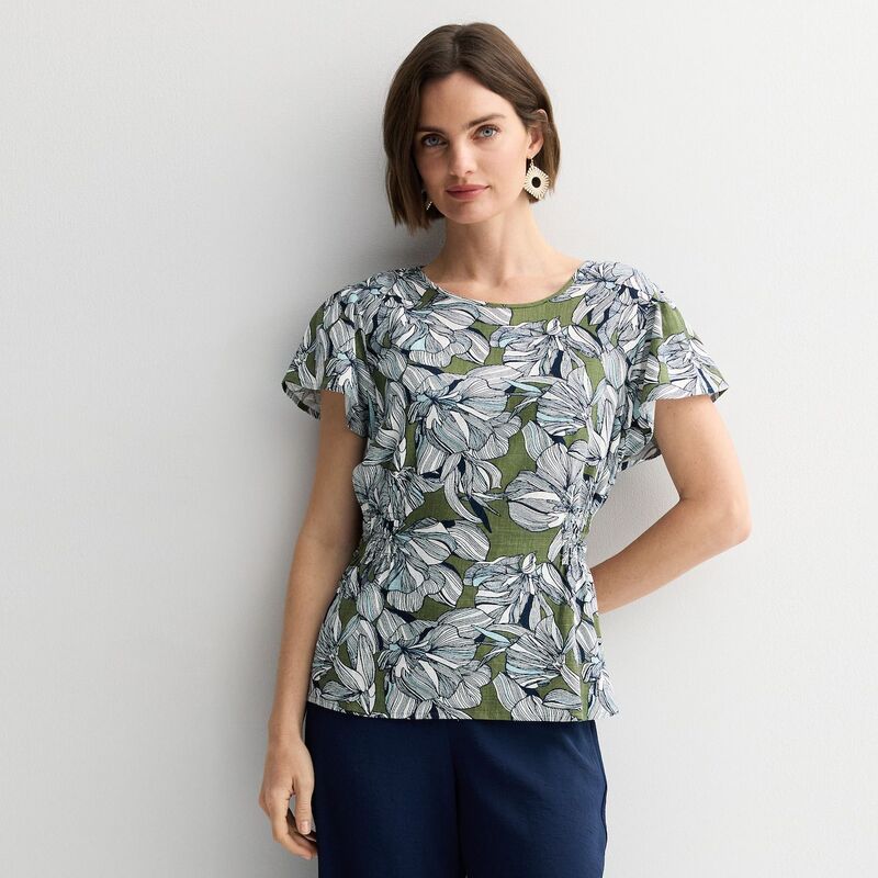 ナインウェスト レディース トップス プルオーバー トップ Women\u0027s Nine West Cinched Flutter Sleeve Blouse Green Emma Floral 緑であること