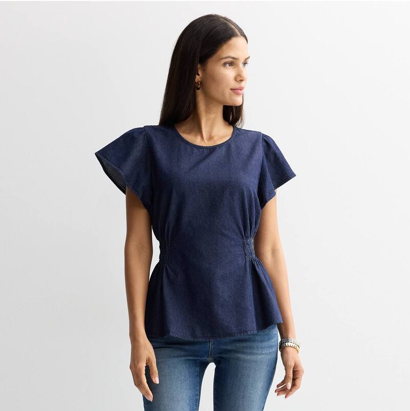 ナインウェスト レディース トップス プルオーバー トップ Women\u0027s Nine West Cinched Flutter Sleeve Blouse Mid Blue Denim Wash ジーンズ