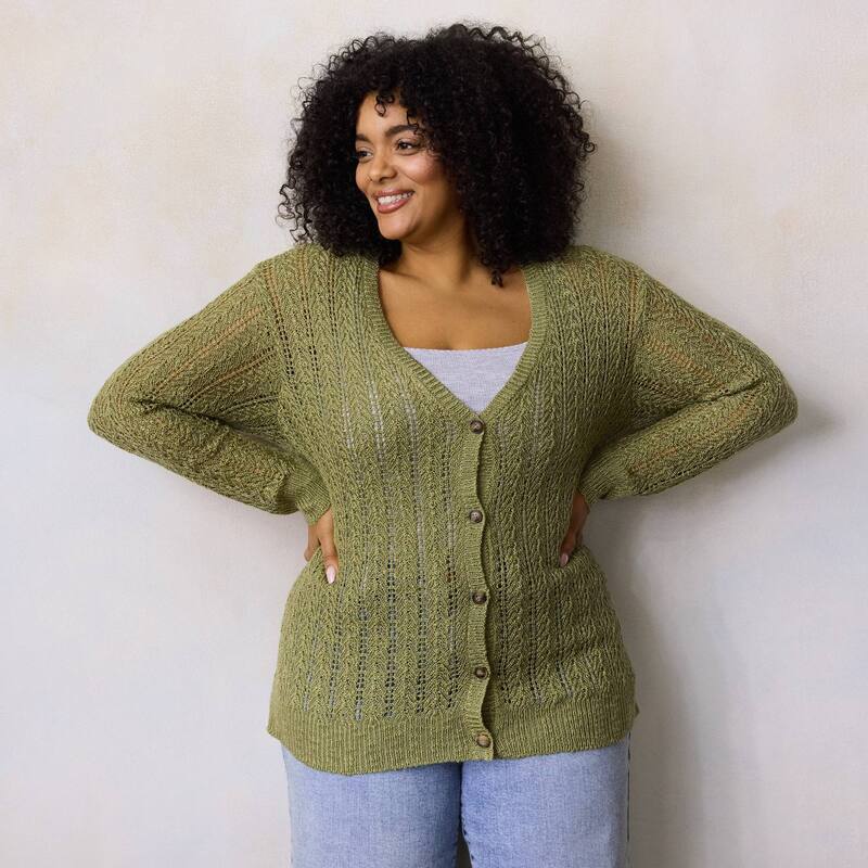 LC Lauren Conrad レディース アウター ニット・セーター Vネック プラスサイズ カーディガン Plusize LC Lauren Conrad Pointelle V-Neck Cardigan Sweater Giada Green グリーン