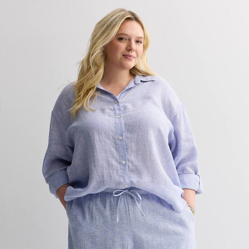 ソノマ レディース トップス プルオーバー つけ加える大きさ リネン Plusize Sonoma Goods For Life Linen Oversized Boyfriend Shirt Blue Micro Stripe 青み