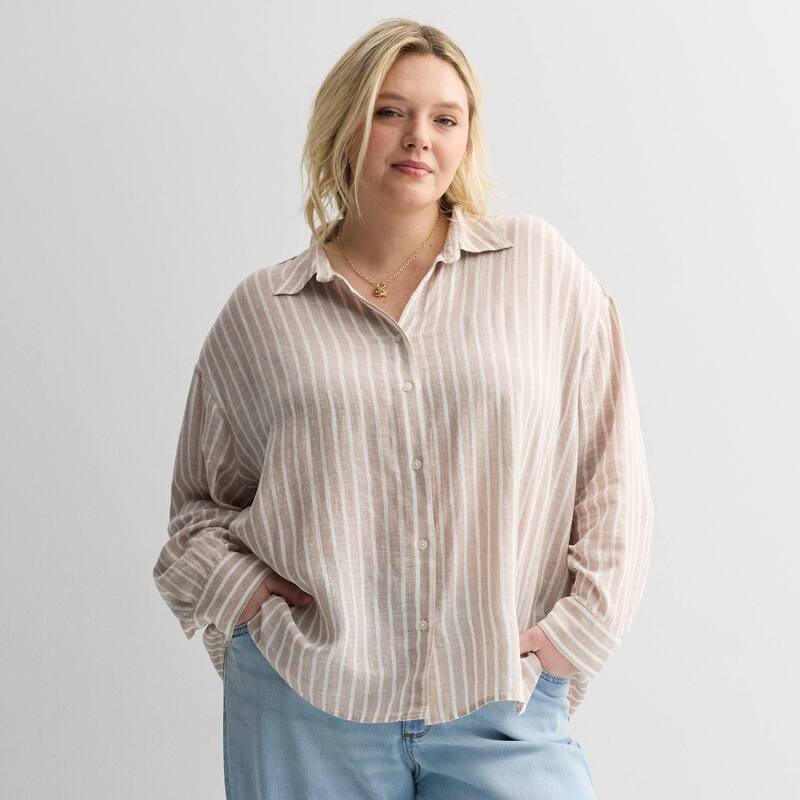 ソノマ レディース トップス プルオーバー つけ加える大きさ リネン Plusize Sonoma Goods For Life Linen Oversized Boyfriend Shirt Khaki Tan Stripe カーキ