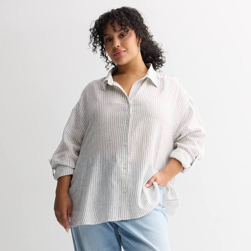 ソノマ レディース トップス プルオーバー つけ加える大きさ リネン Plusize Sonoma Goods For Life Linen Oversized Boyfriend Shirt White Navy Pinstripe 白いこと