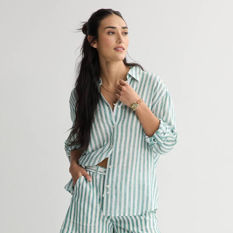ソノマ レディース トップス プルオーバー リネン Women\u0027sonoma Goods For Life Linen Oversized Boyfriend Shirt Cool Green Stripe 緑であること