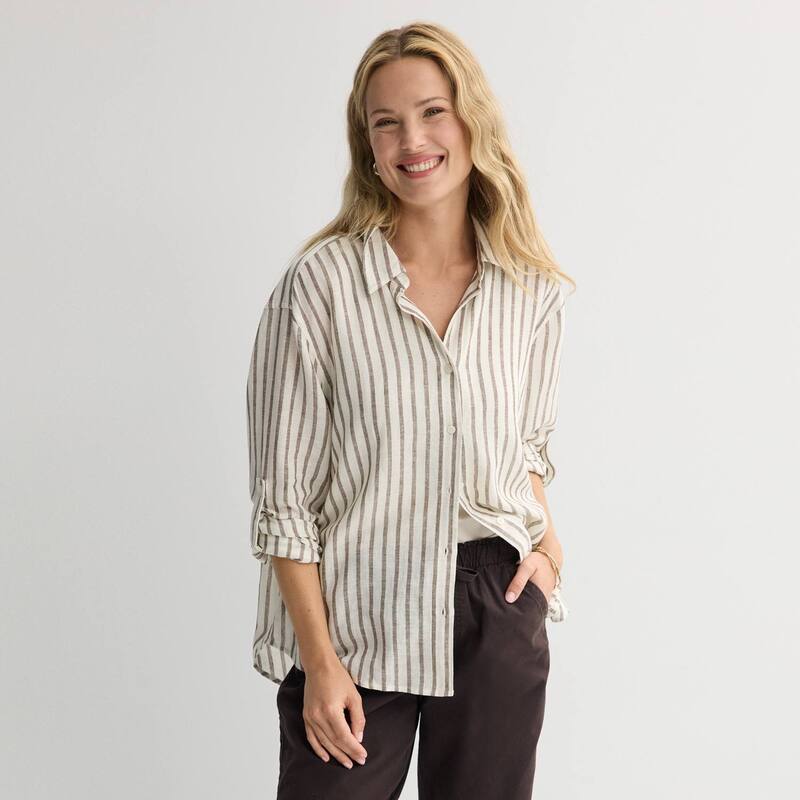 ソノマ レディース トップス プルオーバー リネン Women\u0027sonoma Goods For Life Linen Oversized Boyfriend Shirtan Brown Stripe 赤銅色