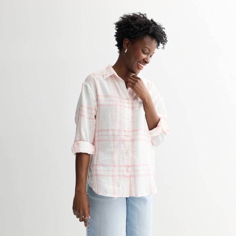 ソノマ レディース トップス プルオーバー リネン Women\u0027sonoma Goods For Life Linen Oversized Boyfriend Shirt White Coral Plaid 白いこと