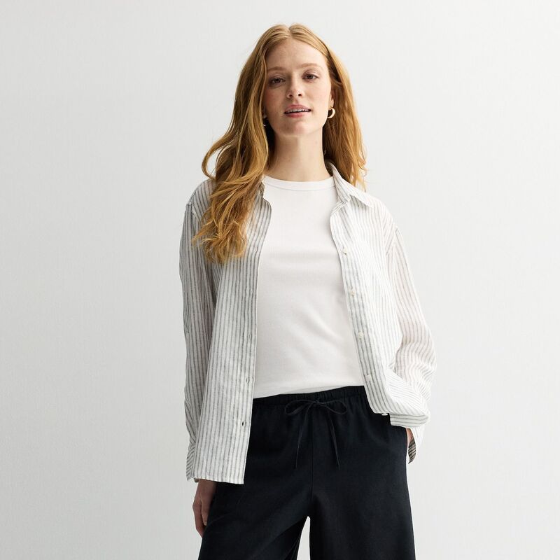 ソノマ レディース トップス プルオーバー リネン Women\u0027sonoma Goods For Life Linen Oversized Boyfriend Shirt White Navy Pinstripe 白いこと