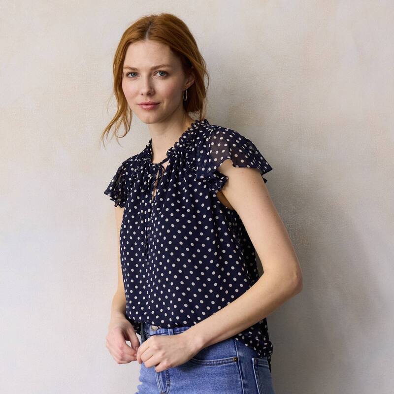 LC Lauren Conrad レディース トップス プルオーバー V素っ首 フラウンス Women\u0027s LC Lauren Conrad Ruffle V-Neck with Trim Top Navy Cady Dot 米国海軍