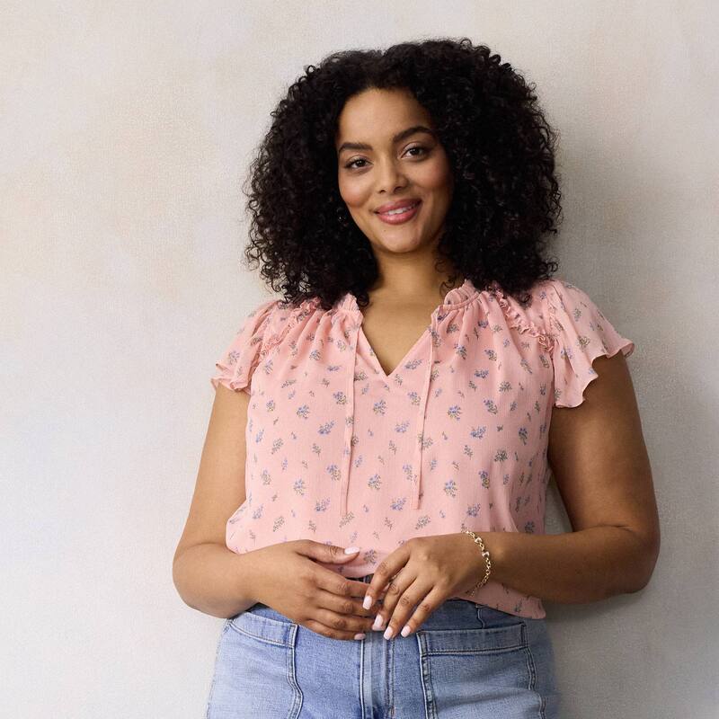 LC Lauren Conrad レディース トップス プルオーバー V素っ首 つけ加える大きさ フラウンス Plusize LC Lauren Conrad Ruffle V-Neck Shell Top Blush Elina Ditzy 毛はらい