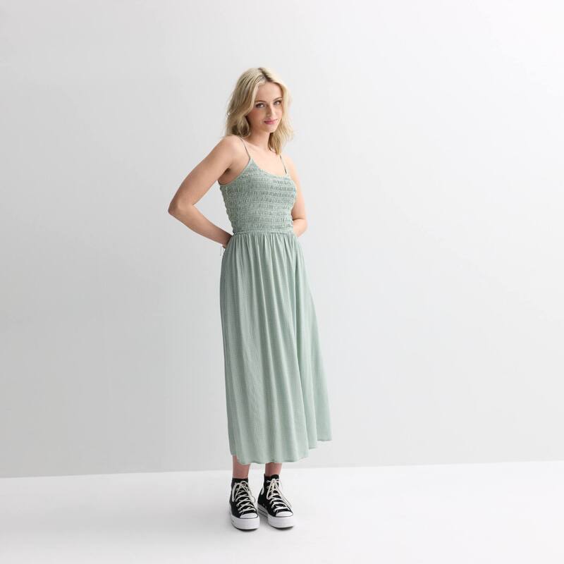 エスオー レディース トップス ワンピース ミディ シャーリング Juniors' SO Smocked Midi Dress Green White Gingham ホワイト｜ReVida 店